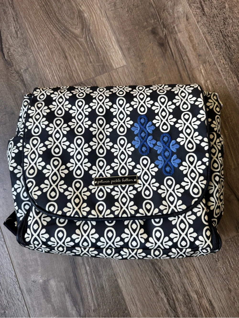 Petunia Pickle Bottom Black and White Patterned Messenger with Blue Accent